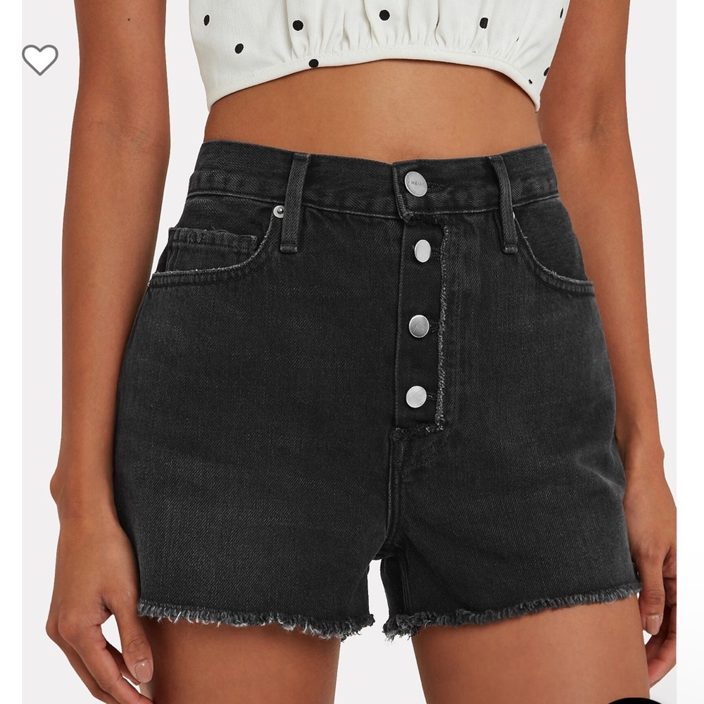 FRAME Le Vintage Black Denim High Rise Shorts | Frayed Hem | Exposed Button Fly - Picture 3 of 8